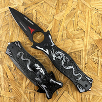 Tac Force Black and Silver Embossed Dragon Spring Assisted Fantasy Stiletto Knife 3.5"
