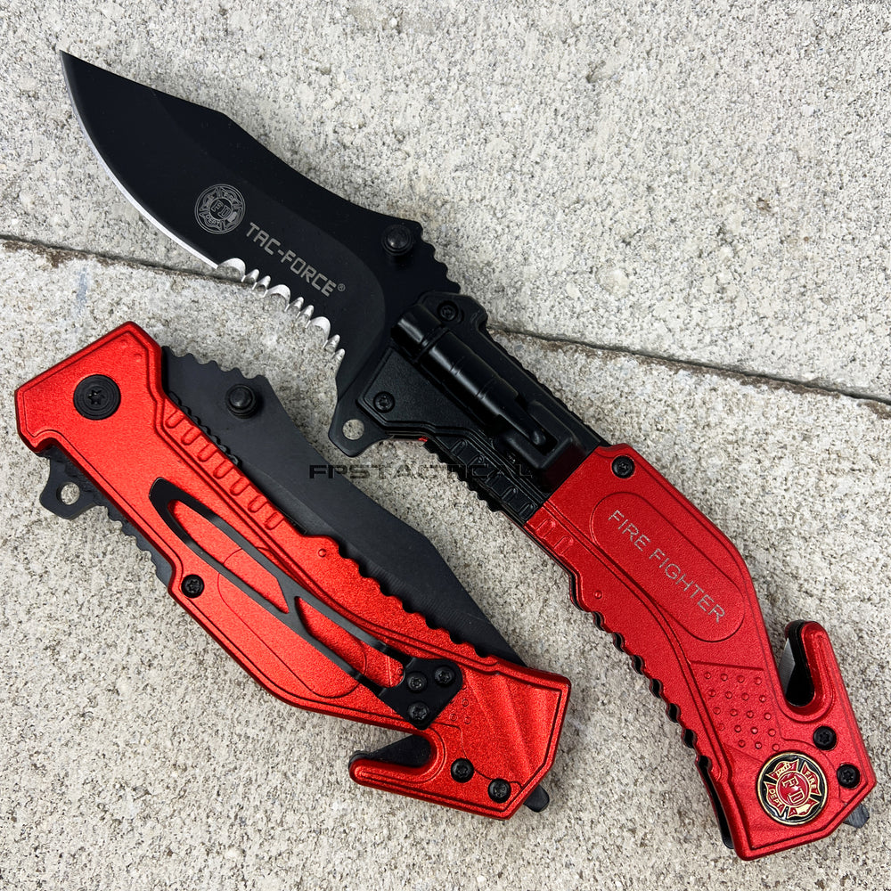 Tac-Force Fire Fighter Spring Assisted Tactical Rescue Knife w/ Integrated Flashlight Red & Black 3.75