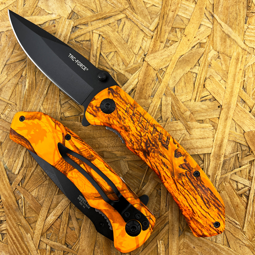 Tac-Force Stainless Steel Hunters Orange Woodland / Snowblind Camouflage Drop Point Spring Assisted Knife 3.5