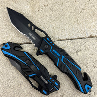 Tac-Force Black and Blue Police Spring Assisted Tactical Rescue Knife w Integrated Seat Belt Cutter 3.75"
