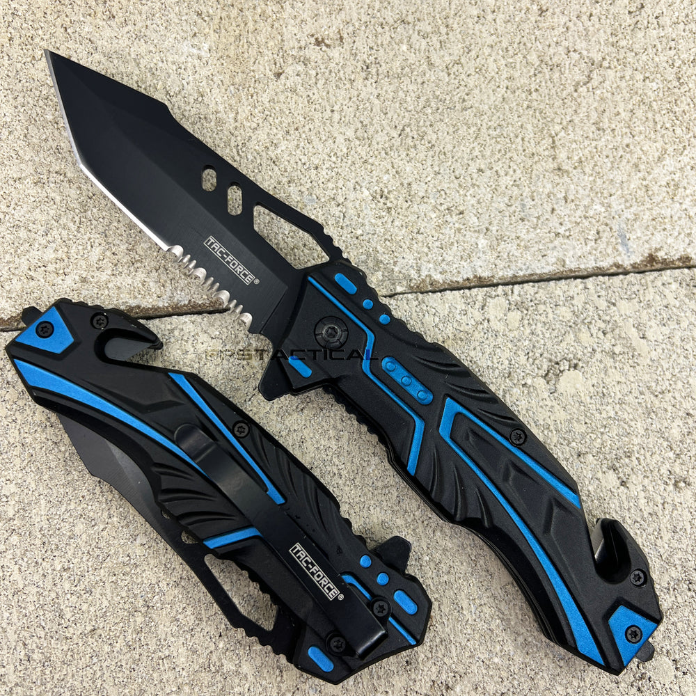 Tac-Force Black and Blue Police Spring Assisted Tactical Rescue Knife w Integrated Seat Belt Cutter 3.75