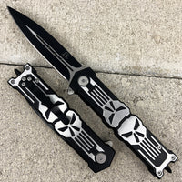 Falcon 3D Molded Punisher Skull Spring Assist Stiletto Knife Black & Exposed Silver Stainless Steel 3.5"