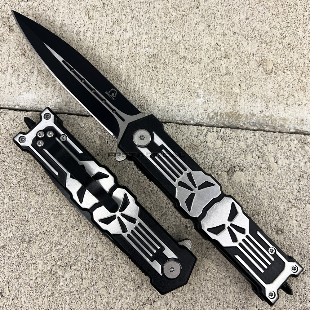 Falcon 3D Molded Punisher Skull Spring Assist Stiletto Knife Black & Exposed Silver Stainless Steel 3.5