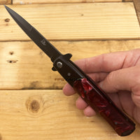 Falcon Black and Burgundy Marble Pearlex Spring Assisted Stiletto Knife 3.75"