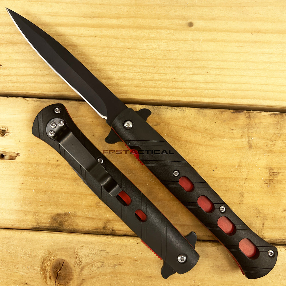 Pacific Solutions Matte Black Spring Assisted Stiletto Knife with Red Frame 4