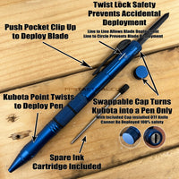 FPSTACTICAL Kuboton Compact OTF Tactical Pen Knife Blue with Dual Edge Black Blade 1.75"
