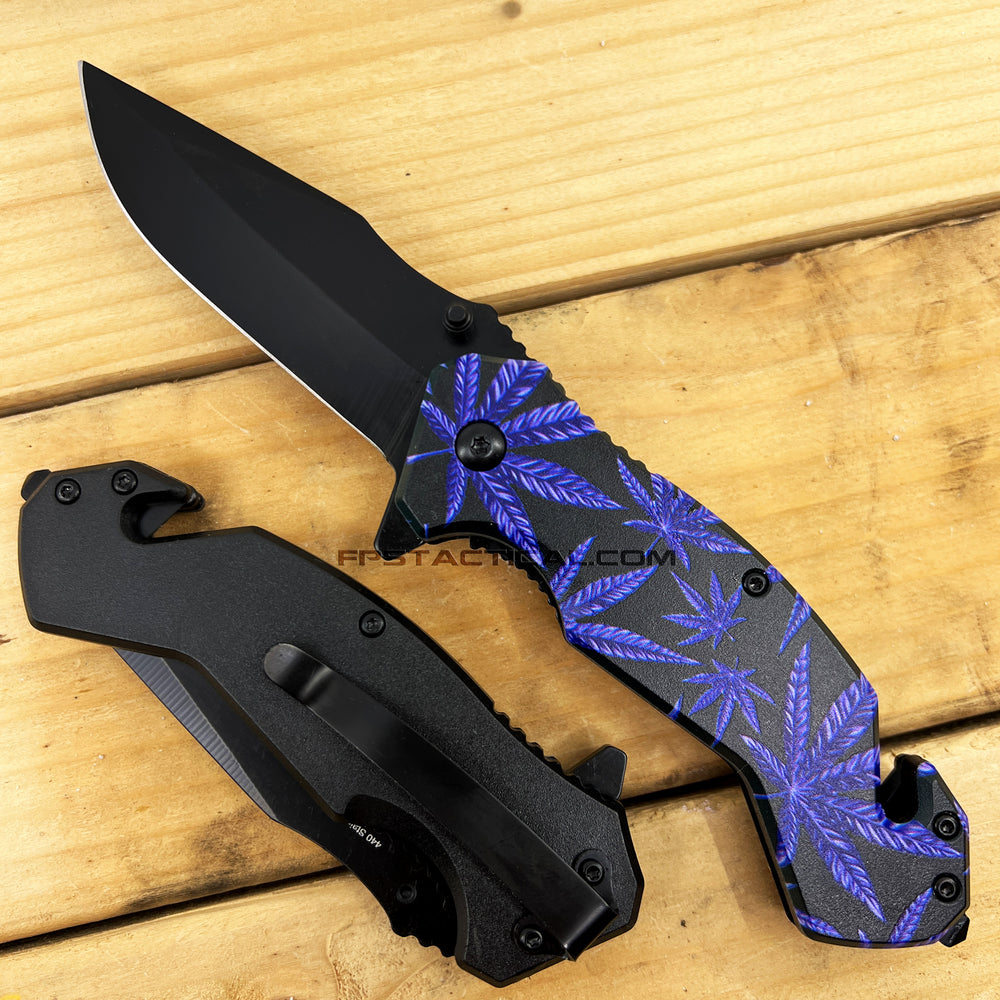 Pacific Solutions Purple Haze Marijuana Black Spring Assisted Tactical Knife 3.5