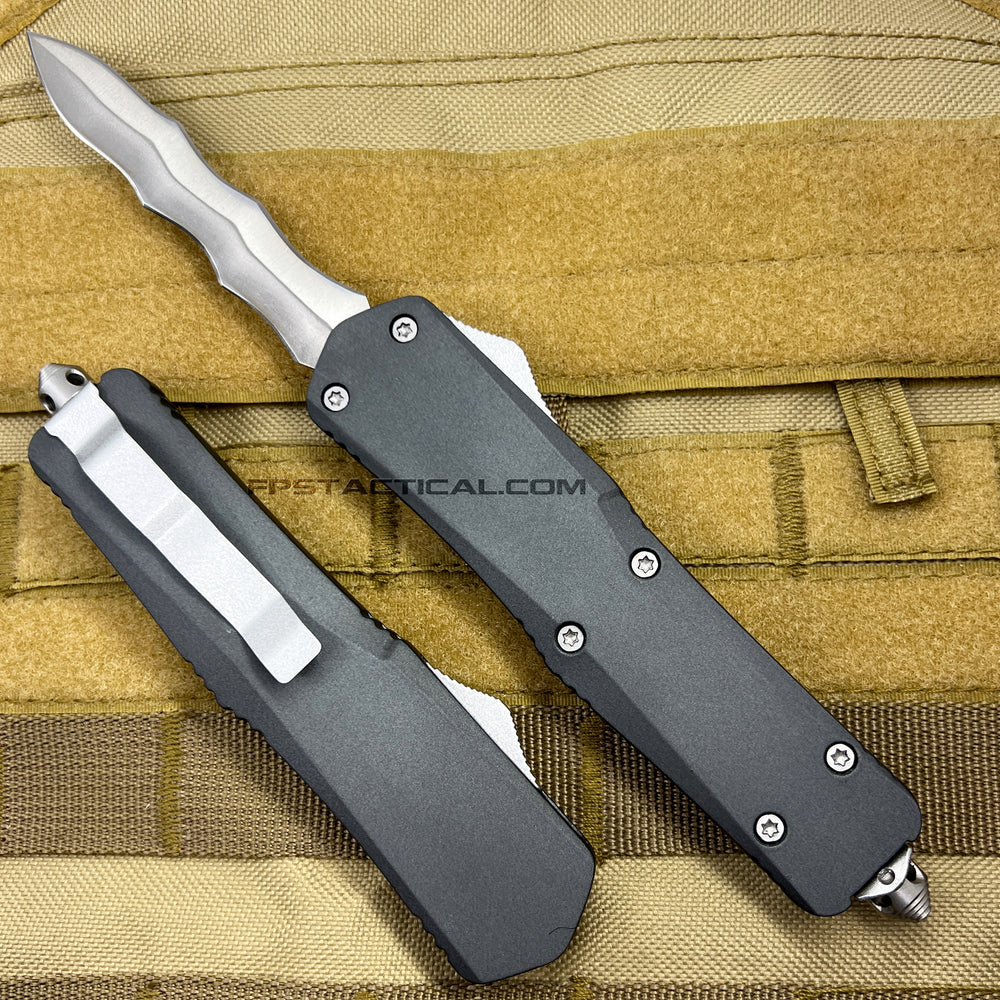 FPSTACTICAL Aeriform Dark Gray and Silver Dual Edge Kris Blade OTF Knife with Rubberized Handle 3.5