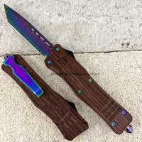 FPSTACTICAL Obstinate OTF Knife Faux Wood & Iridescent (Rainbow) w Tanto Style Damascus Blade 3.5"
