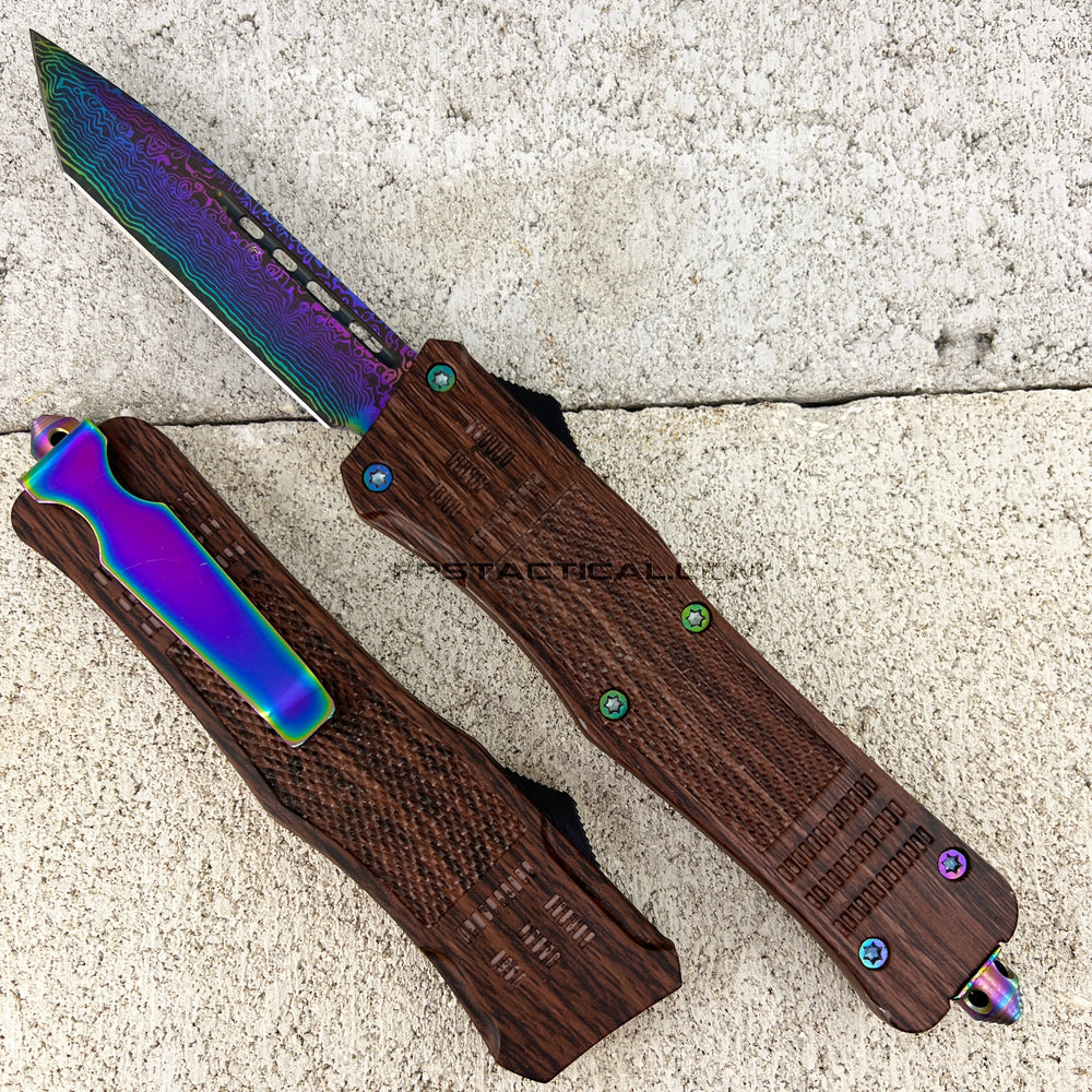 FPSTACTICAL Obstinate OTF Knife Faux Wood & Iridescent (Rainbow) w Tanto Style Damascus Blade 3.5