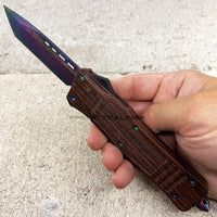 FPSTACTICAL Obstinate OTF Knife Faux Wood & Iridescent (Rainbow) w Tanto Style Damascus Blade 3.5"
