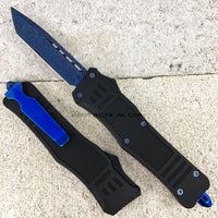 FPSTACTICAL Fuzz OTF Knife Black & Blue w Tanto Style Damascus Blade and Rubberized Handle 3.5"
