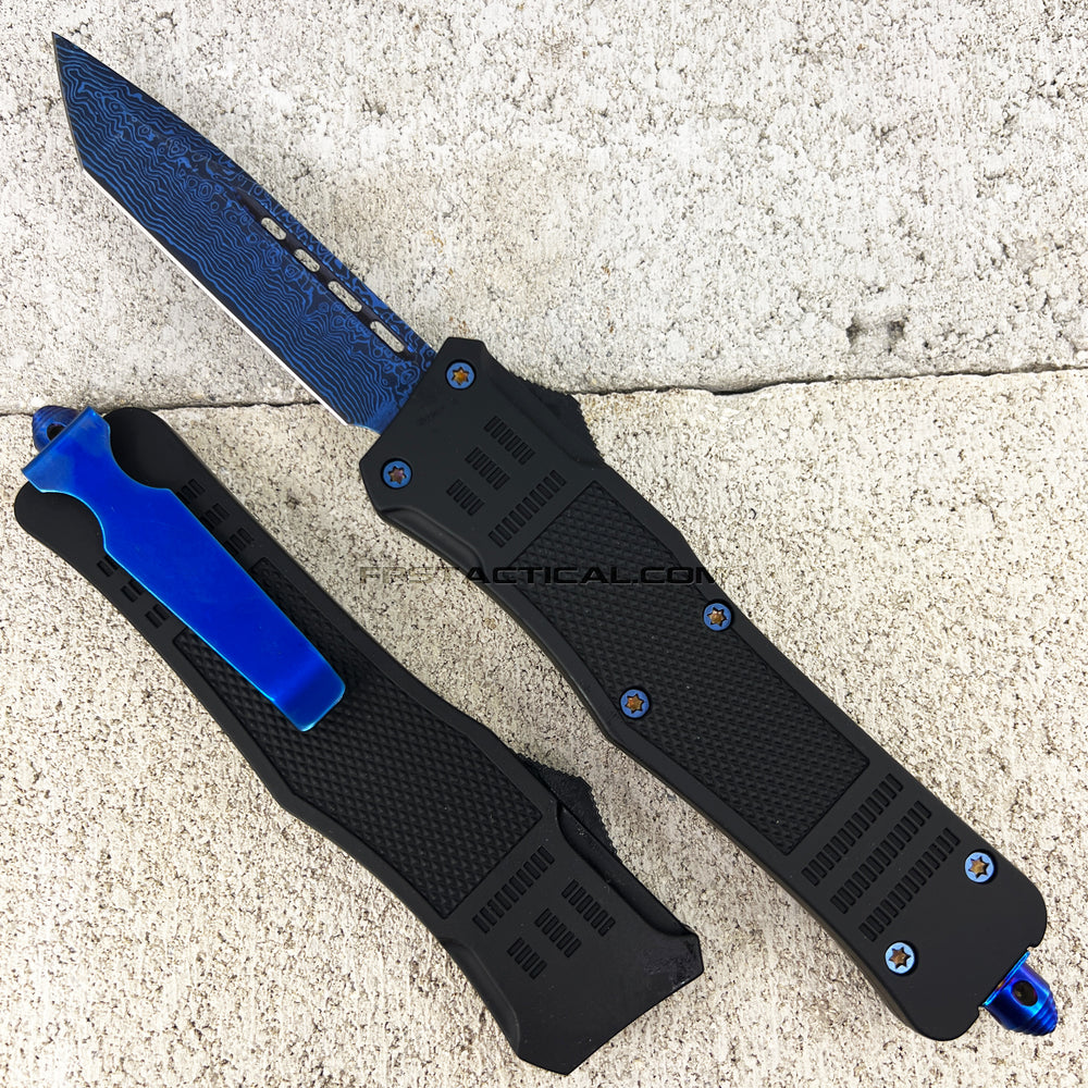 FPSTACTICAL Fuzz OTF Knife Black & Blue w Tanto Style Damascus Blade and Rubberized Handle 3.5