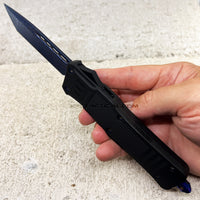 FPSTACTICAL Fuzz OTF Knife Black & Blue w Tanto Style Damascus Blade and Rubberized Handle 3.5"
