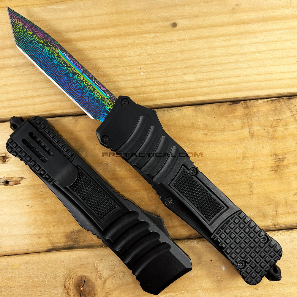 FPSTACTICAL Tonic II OTF Knife Black with Tanto Iridescent ( Multi-Color / Rainbow ) Blade 3.5