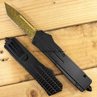 FPSTACTICAL Aurum OTF Knife Black & Gold w Damascus Tanto Blade and Textured Handle 3.5"
