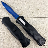 FPSTACTICAL Constable Black and Blue Damascus Dual Edge Serrated OTF Knife 3.5"
