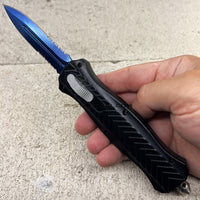 FPSTACTICAL Constable Black and Blue Damascus Dual Edge Serrated OTF Knife 3.5"
