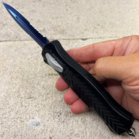 FPSTACTICAL Constable Black and Blue Damascus Dual Edge Serrated OTF Knife 3.5"
