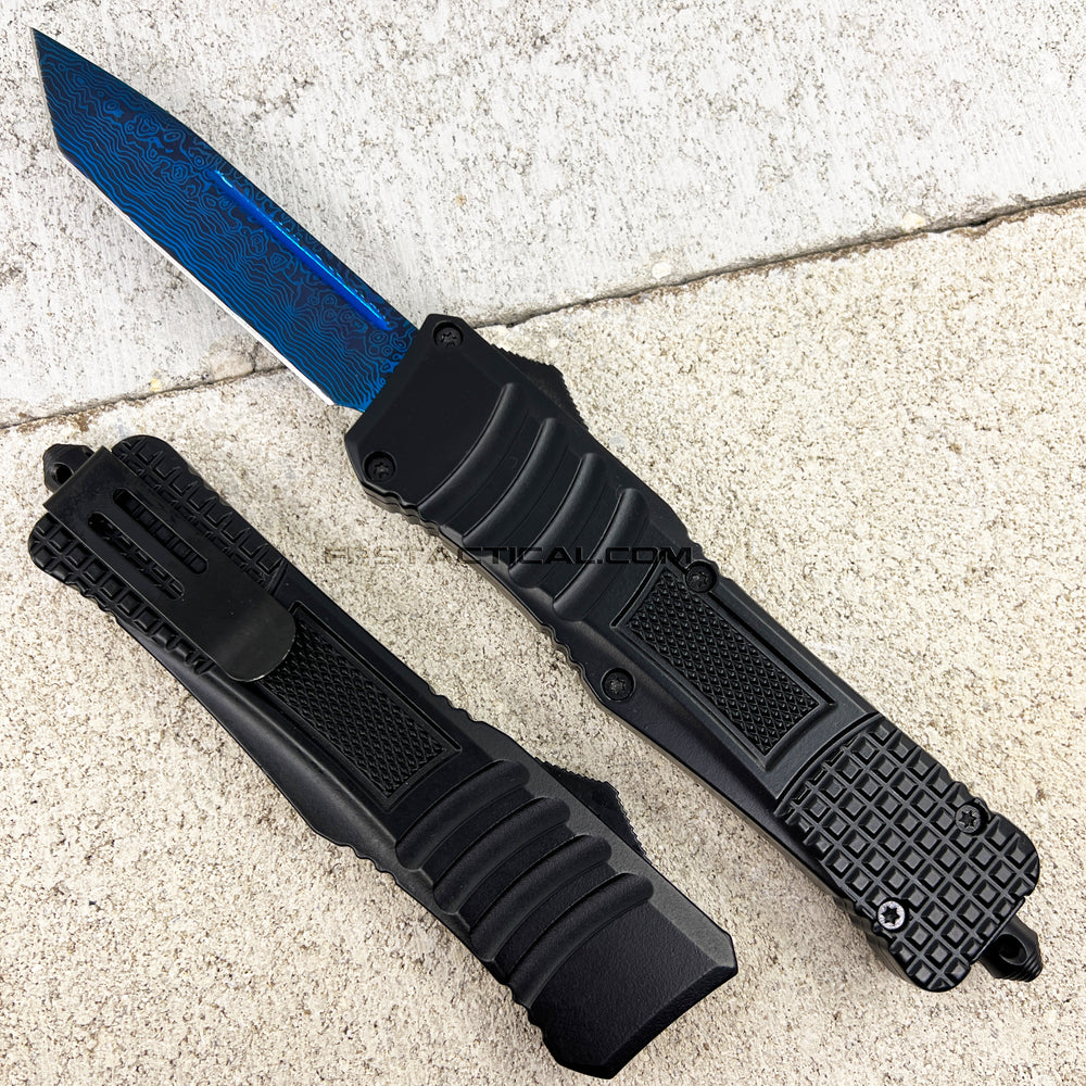 FPSTACTICAL Envoy OTF Knife Black with Blue Damascus Blade & Molded Handle 3.5