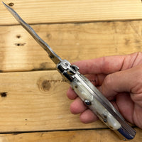 FPSTACTICAL Setan Curved Kris Blade Italian Style Stiletto Switchblade Mirror / Chrome with White Marble / Pearlex Scales 4"
