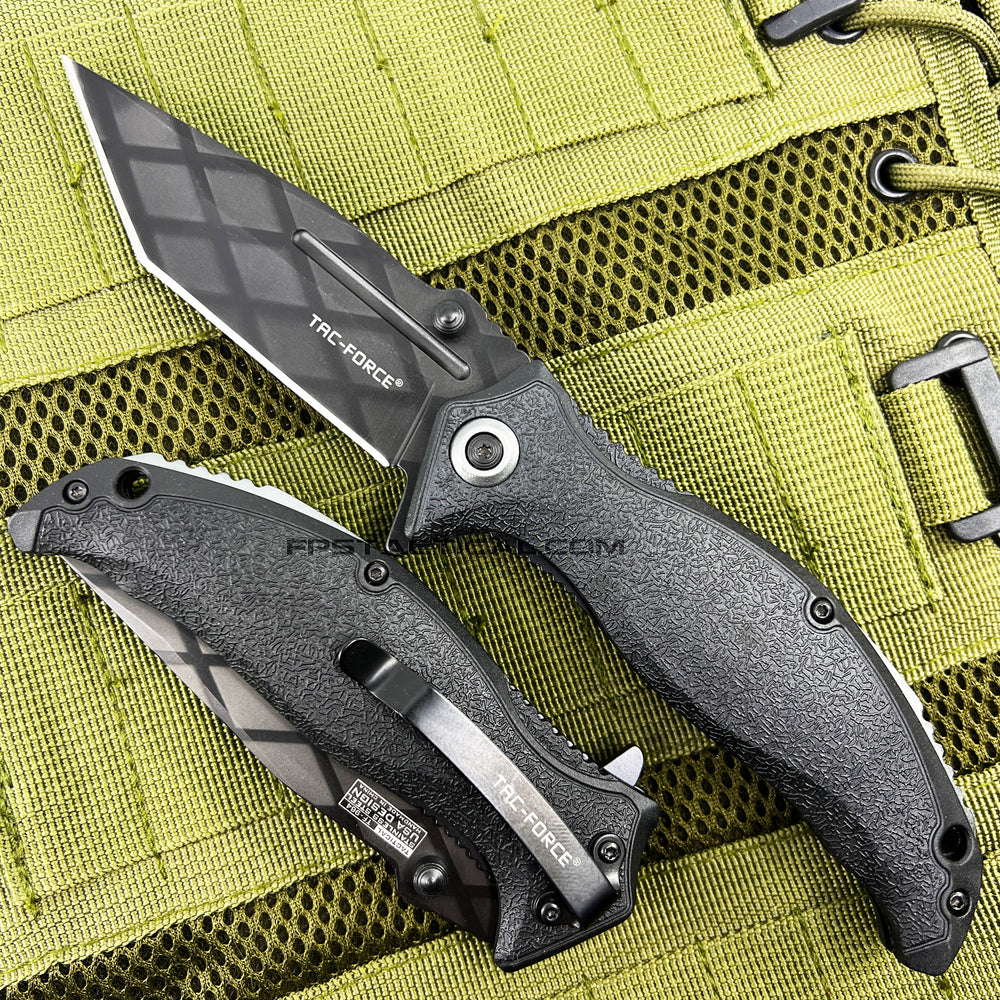 Tac-Force Black and Gray Spring Assisted Tanto / Etched Blade EDC Knife w Polymer Scales 3.5