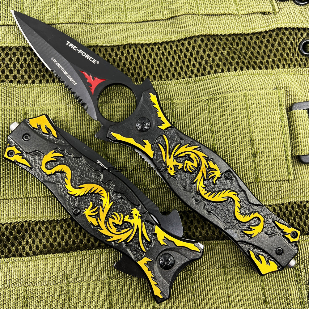 Tac Force Black and Gold Embossed Dragon Spring Assisted Fantasy Stiletto Knife 3.5