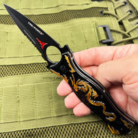 Tac Force Black and Gold Embossed Dragon Spring Assisted Fantasy Stiletto Knife 3.5"
