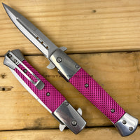 Falcon Silver / Chrome and Pink Textured Sport Grip Spring Assisted Stiletto Knife 3.5"
