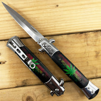 FPSTACTICAL Bahai II Italian Style Stiletto Switchblade Mirror / Chrome with Distressed Rasta Marijuana Scales 4"
