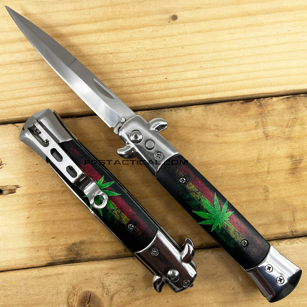 FPSTACTICAL Bahai II Italian Style Stiletto Switchblade Mirror / Chrome with Distressed Rasta Marijuana Scales 4