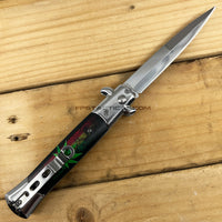 FPSTACTICAL Bahai II Italian Style Stiletto Switchblade Mirror / Chrome with Distressed Rasta Marijuana Scales 4"
