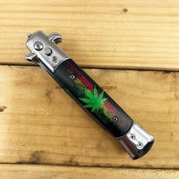 FPSTACTICAL Bahai II Italian Style Stiletto Switchblade Mirror / Chrome with Distressed Rasta Marijuana Scales 4"
