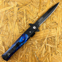 Falcon Black and Blue Pearlex / Marble Spring Assisted Stiletto Knife 3.75"
