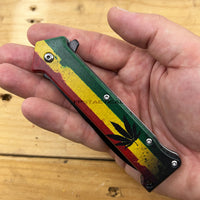 Pacific Solutions Marijuana Leaf Rasta Flag Spring Assisted Joker Stiletto Knife 3.75"
