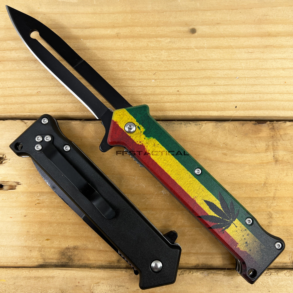 Pacific Solutions Marijuana Leaf Rasta Flag Spring Assisted Joker Stiletto Knife 3.75