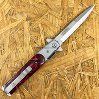 Falcon Silver and Burgundy Marble Pearlex Spring Assisted Stiletto Knife 3.75"
