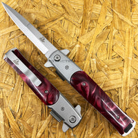 Falcon Silver and Burgundy Marble Pearlex Spring Assisted Stiletto Knife 3.75"
