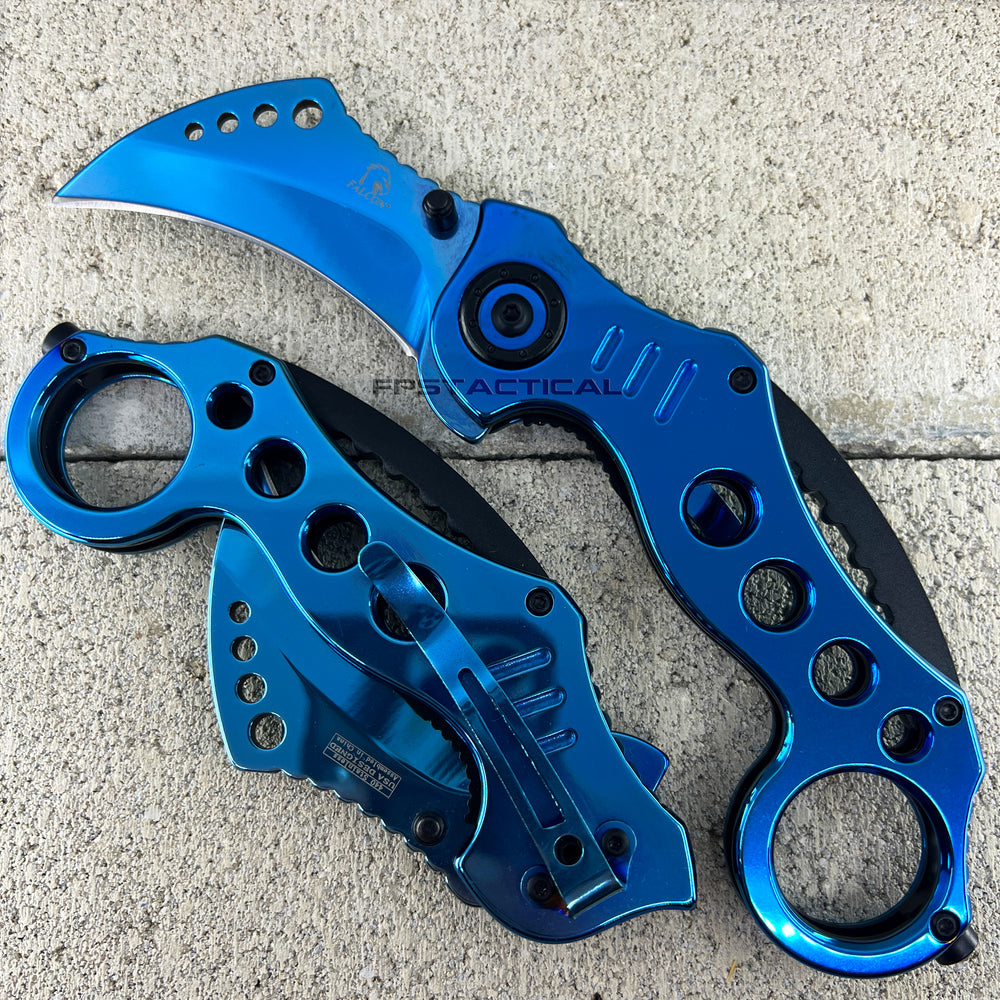 Falcon KS3393BL Mirror Finish / Chrome Blue Karambit Spring Assisted Tactical Knife 2.5