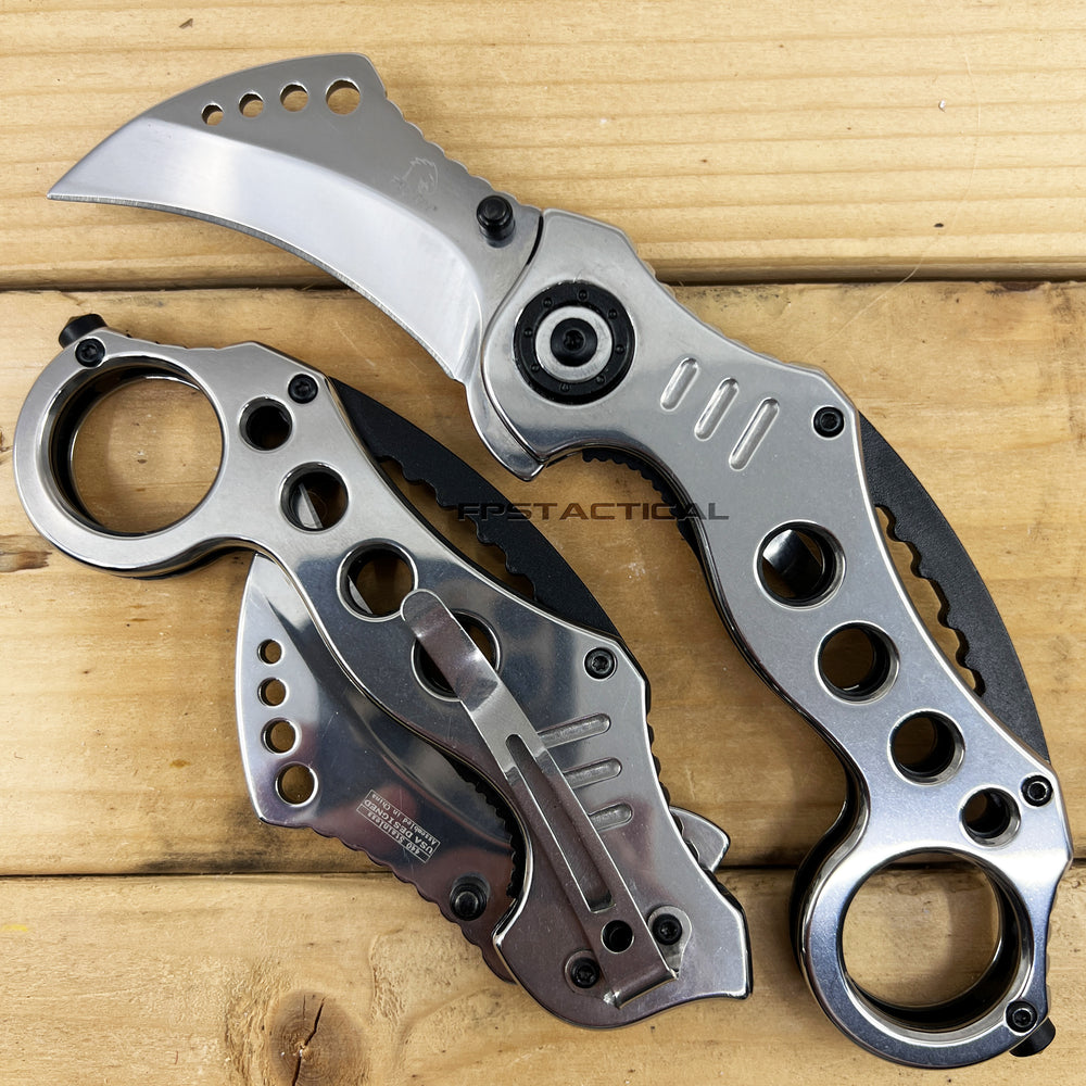 Falcon Mirror Finish / Chrome Silver Karambit Spring Assisted Tactical Knife 2.5