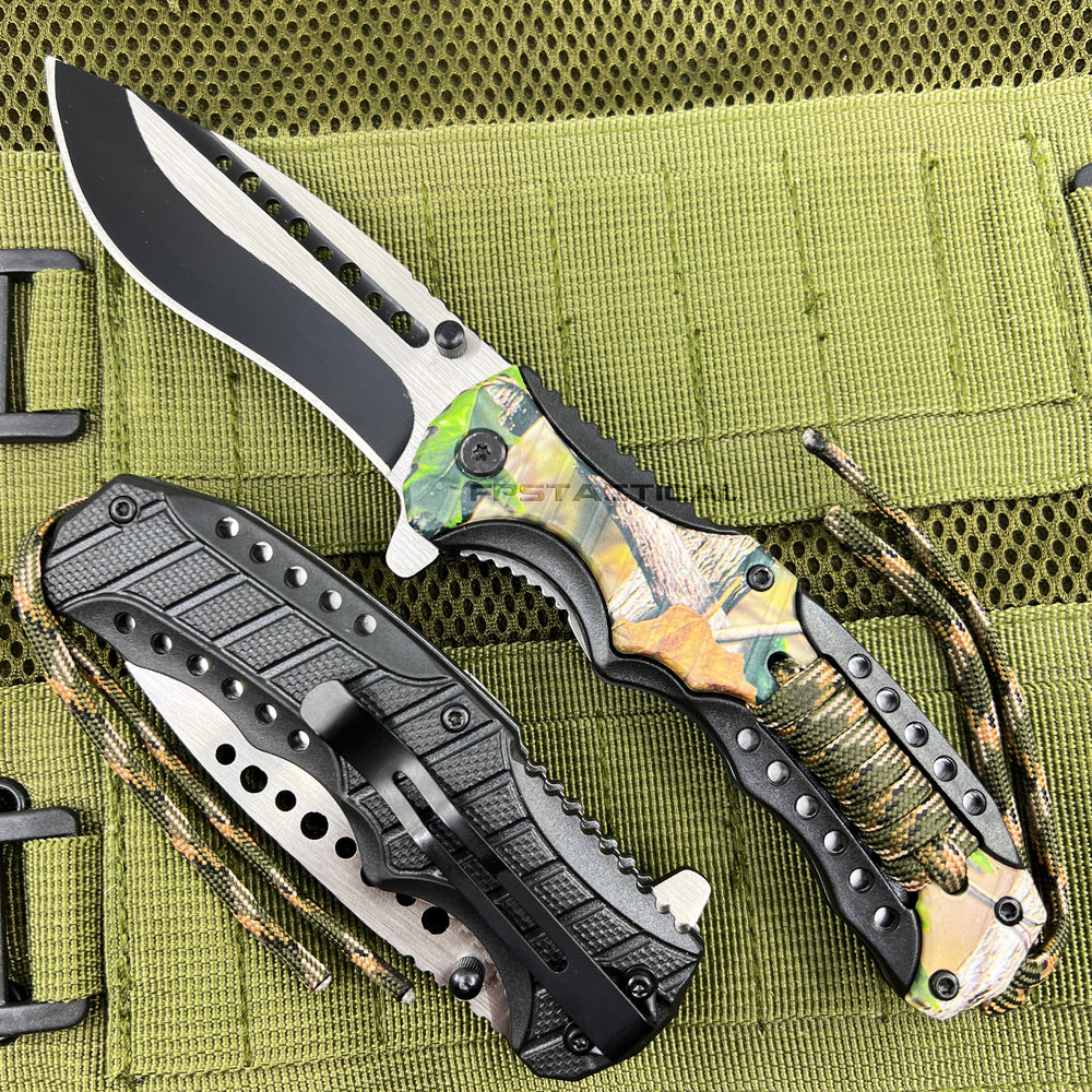 Pacific Solutions Forest Camouflage Spring Assisted Knife with Digi Camo Paracord Black & Silver 4