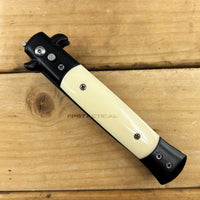 FPSTACTICAL Alabas Italian Style Stiletto Switchblade Black w White Ivory Pearlex Scales 4"
