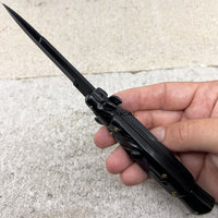 FPSTACTICAL Entricity Italian Style Stiletto Switchblade Black with Black Marble Pearlex Scales 4"
