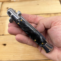 FPSTACTICAL Ornate Italian Style Stiletto Switchblade Mirror Chrome w Black Marble / Pearlex Scales 4"
