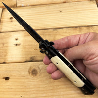 FPSTACTICAL Alabas Italian Style Stiletto Switchblade Black w White Ivory Pearlex Scales 4"
