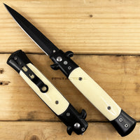 FPSTACTICAL Alabas Italian Style Stiletto Switchblade Black w White Ivory Pearlex Scales 4"
