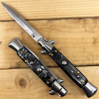 FPSTACTICAL Ornate Italian Style Stiletto Switchblade Mirror Chrome w Black Marble / Pearlex Scales 4"
