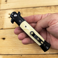 FPSTACTICAL Alabas Italian Style Stiletto Switchblade Black w White Ivory Pearlex Scales 4"
