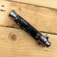 FPSTACTICAL Ornate Italian Style Stiletto Switchblade Mirror Chrome w Black Marble / Pearlex Scales 4"
