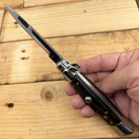 FPSTACTICAL Ornate Italian Style Stiletto Switchblade Mirror Chrome w Black Marble / Pearlex Scales 4"
